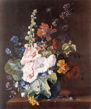 Jan van Huysum Painting - Hollyhocks and Other Flowers in a Vase Jan van Huysum
